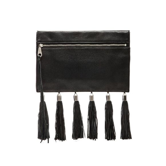 REBECCA MINKOFF‎ Kinga Leather Tassel Clutch Black - Picture 1 of 7